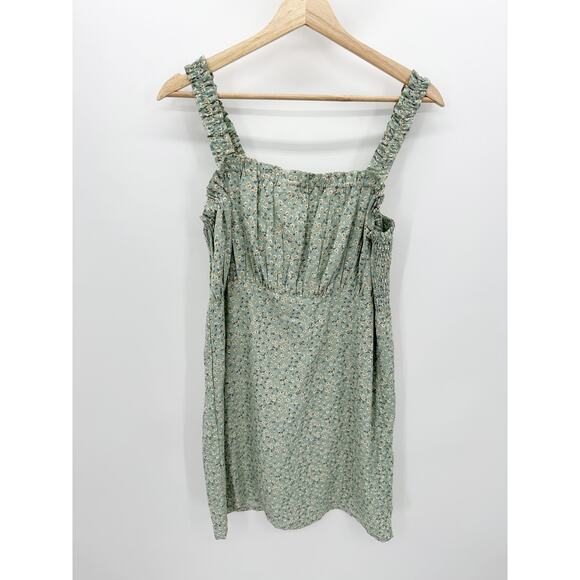 Very J Mint Green Micro Floral Smocked Lined Mini Summer Dress Women's Large NWT - Picture 1 of 9